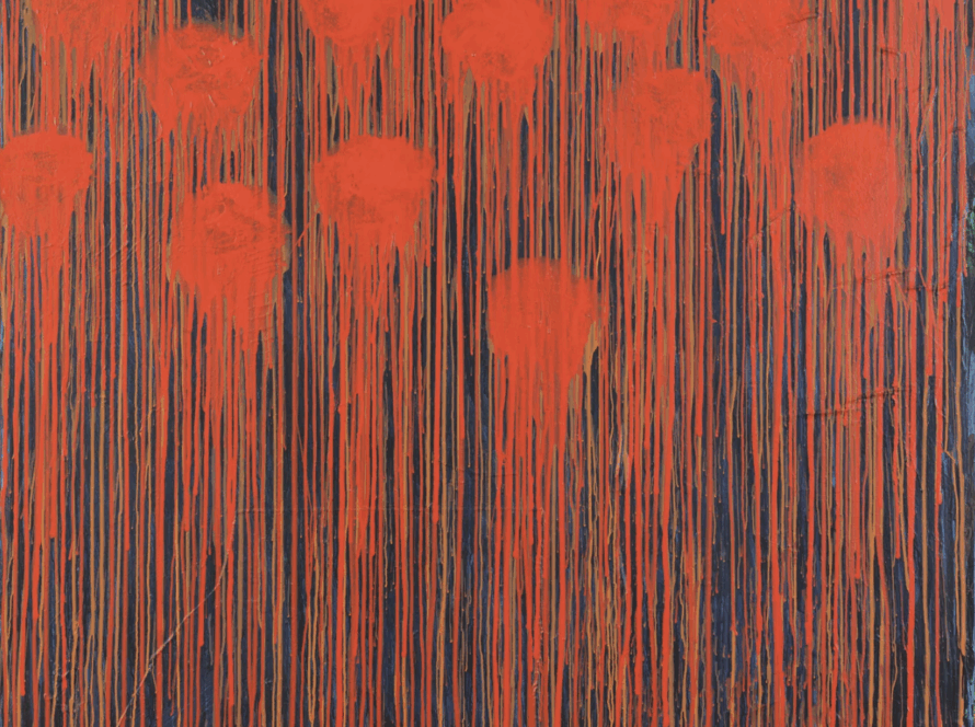 An intense display of crimson blooms cascading like memories on a black field, reflecting post-war French abstraction and the emotional weight of gesture.